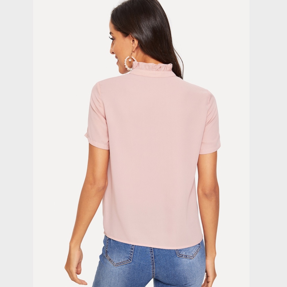 Frilled Tie Neck Lace Appliqué Top Blush Pink - Picture 5 of 6